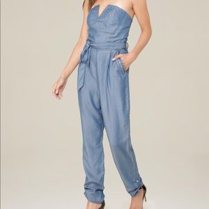 Bebe Strapless Chambray Belted Jumpsuit